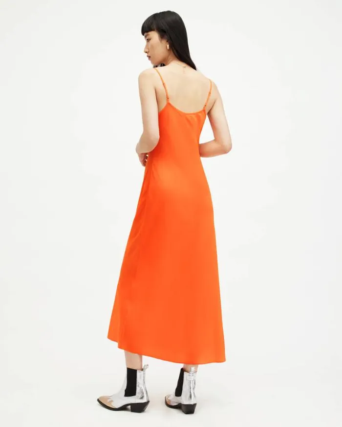 Bryony Slim Fit VNeck Midi Slip Dress Zesty Orange Women AllSaints Dresses