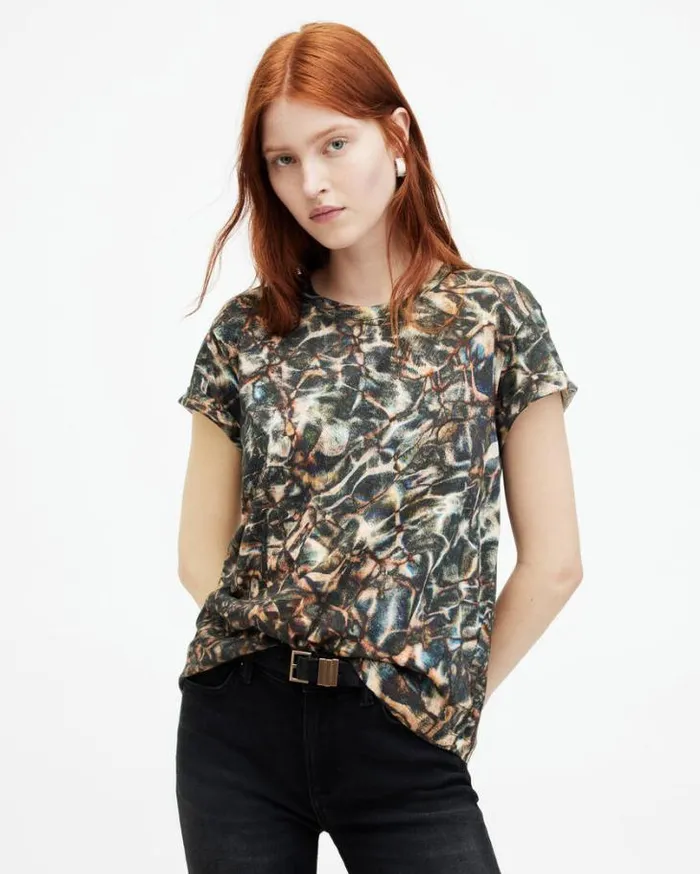 Caladesi Anna Crew Neck Printed TShirt Petrol Blue Women AllSaints Tops and Shirts