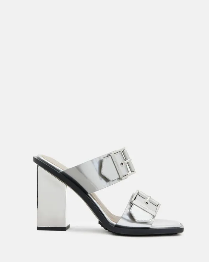 Camille Metallic Leather Block Heels Metallic Silver Women AllSaints Shoes and Boots