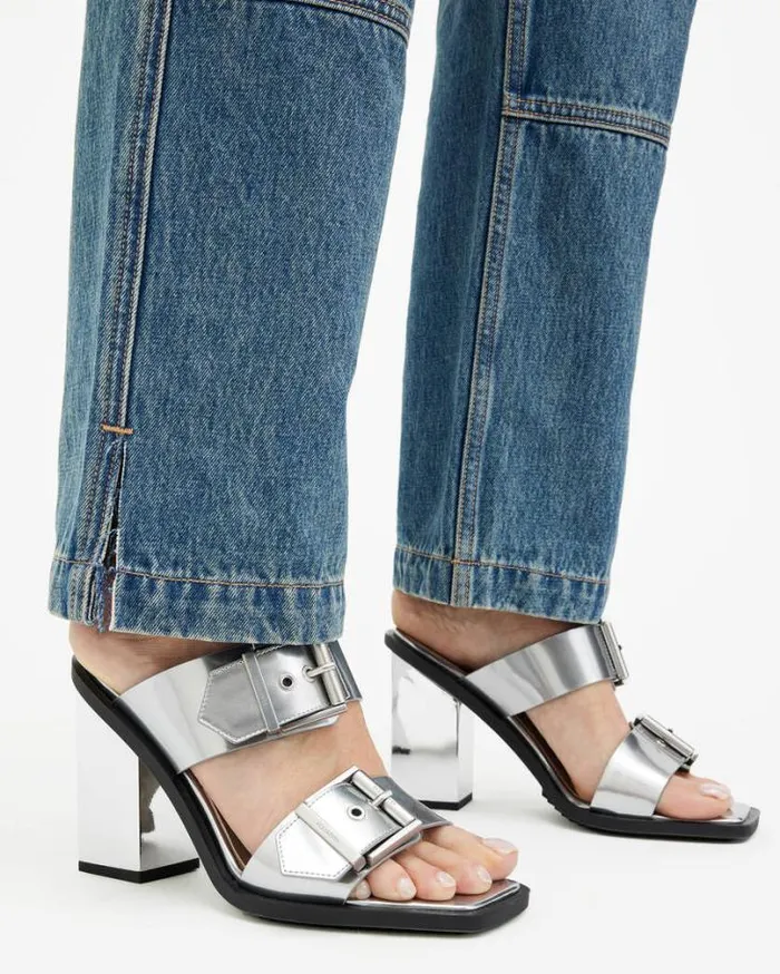 Camille Metallic Leather Block Heels Metallic Silver Women AllSaints Shoes and Boots Camille Metallic Leather Block Heels Metallic Silver Women AllSaints Shoes and Boots