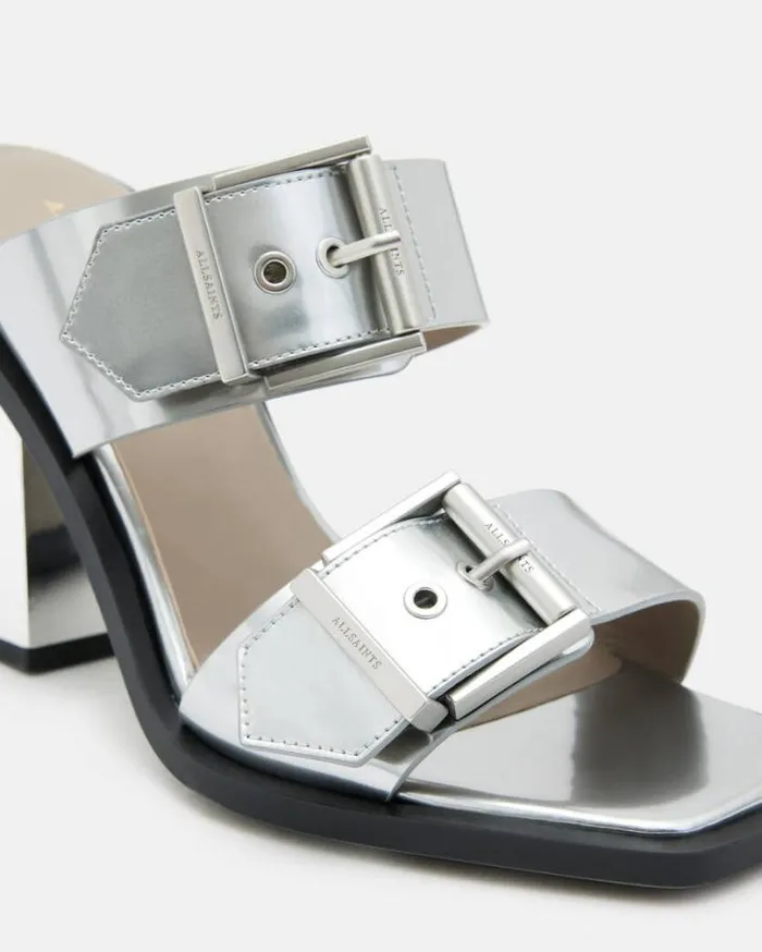 Camille Metallic Leather Block Heels Metallic Silver Women AllSaints Shoes and Boots Camille Metallic Leather Block Heels Metallic Silver Women AllSaints Shoes and Boots
