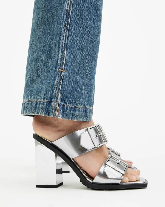 Camille Metallic Leather Block Heels Metallic Silver Women AllSaints Shoes and Boots Camille Metallic Leather Block Heels Metallic Silver Women AllSaints Shoes and Boots