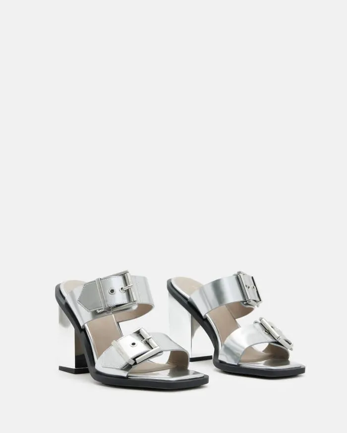 Camille Metallic Leather Block Heels Metallic Silver Women AllSaints Shoes and Boots Camille Metallic Leather Block Heels Metallic Silver Women AllSaints Shoes and Boots