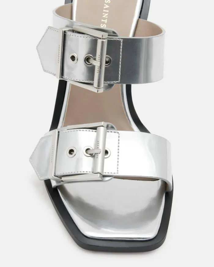 Camille Metallic Leather Block Heels Metallic Silver Women AllSaints Shoes and Boots Camille Metallic Leather Block Heels Metallic Silver Women AllSaints Shoes and Boots