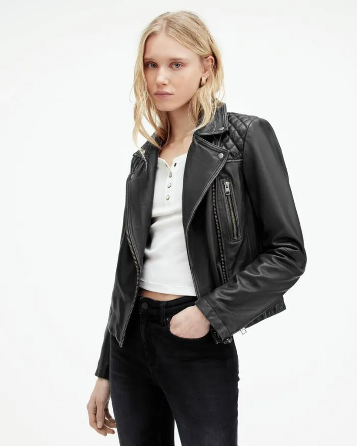 Cargo Distressed Leather Biker Jacket Blackgrey Women AllSaints Leather Jackets