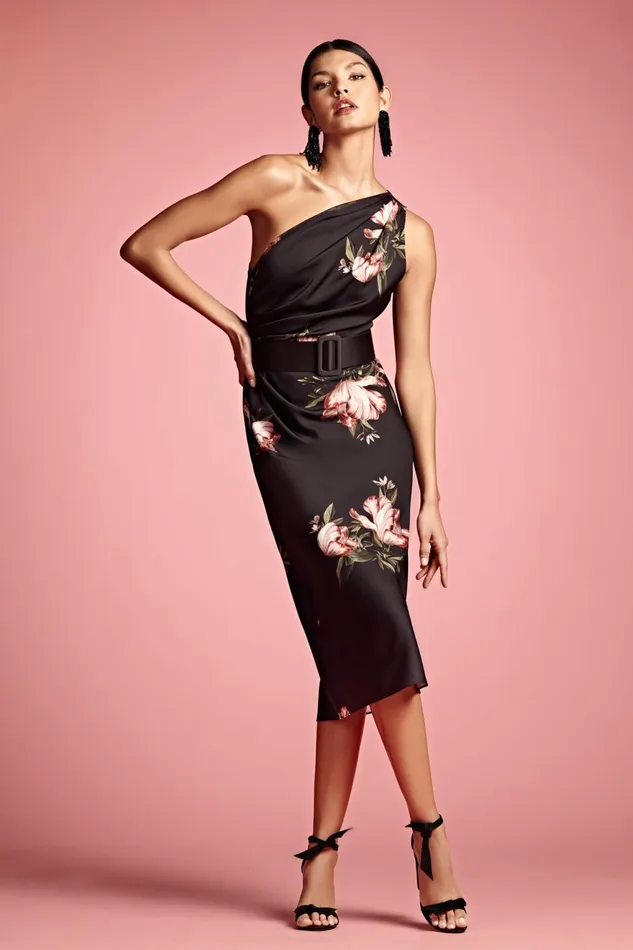 Carmen Dress 8211 Noir Blossom Women Sachin and Babi One Shoulder