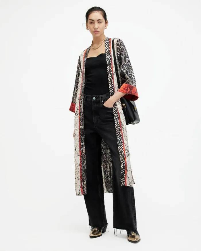 Casa Waima Snake Print Long Line Kimono Blackmulti Women AllSaints Tops and Shirts