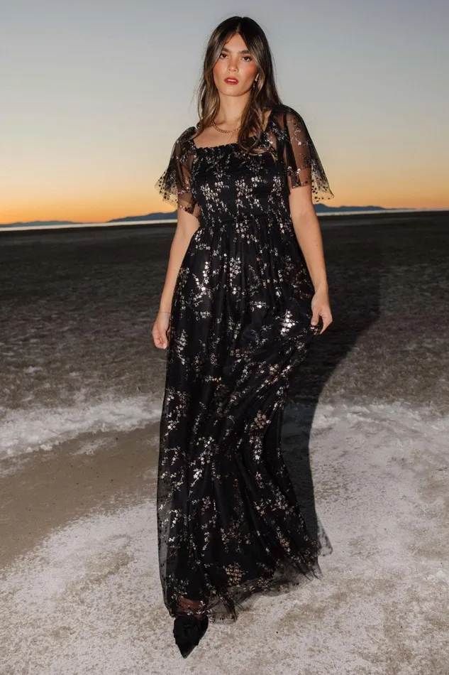 Cassandra Tulle Maxi Dress Metallic Black Women Baltic Born Embellished Sequin