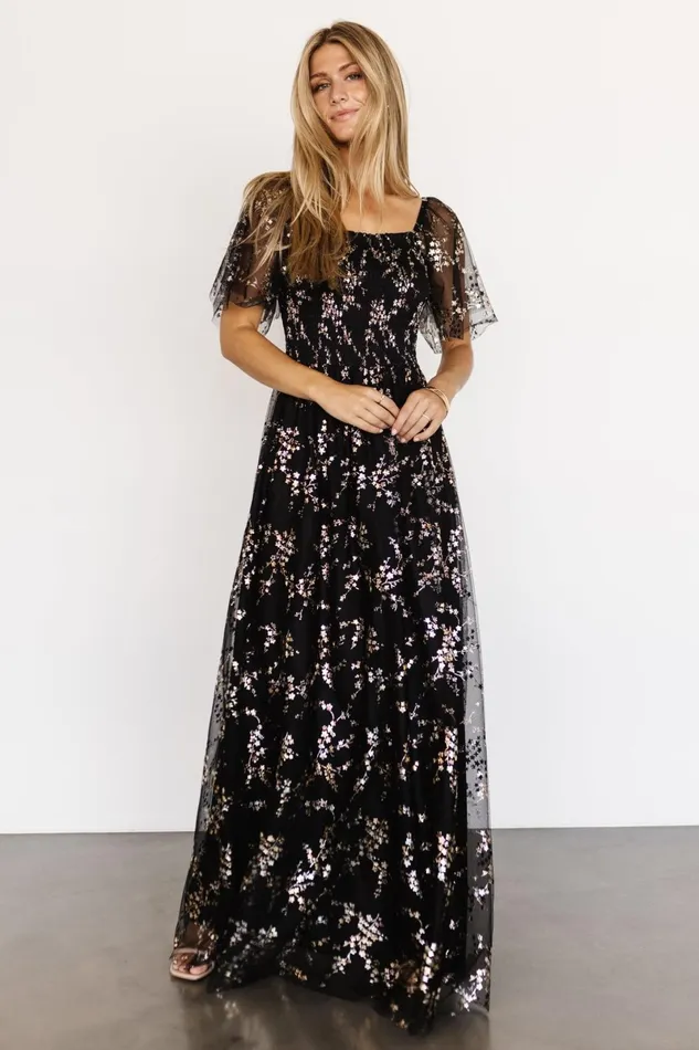 Cassandra Tulle Maxi Dress Metallic Black Women Baltic Born Embellished Sequin