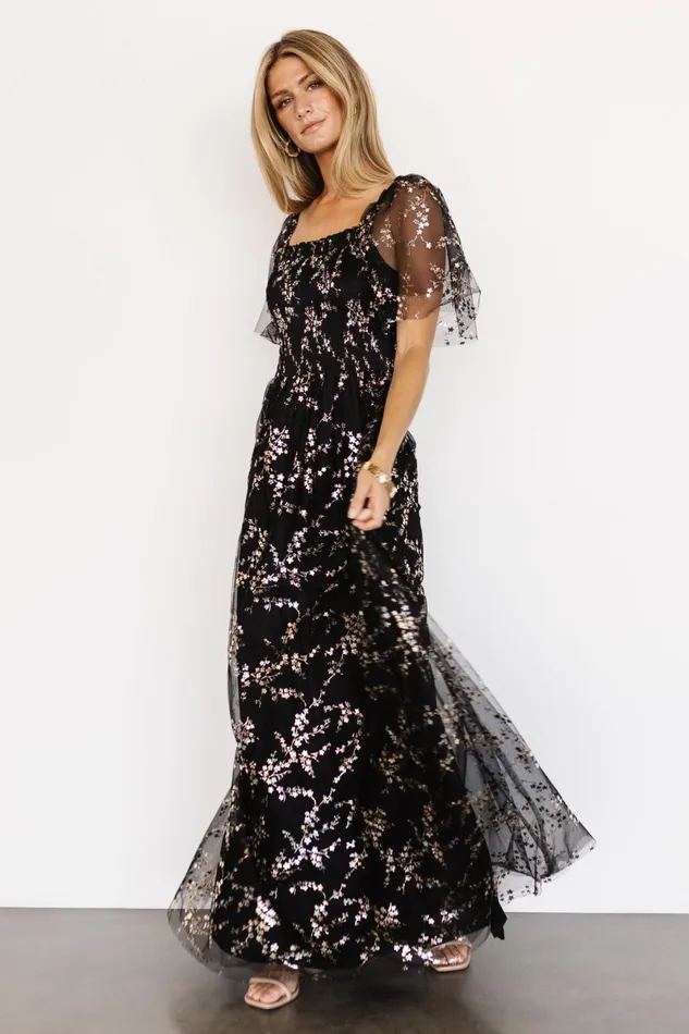 Cassandra Tulle Maxi Dress Metallic Black Women Baltic Born Embellished Sequin