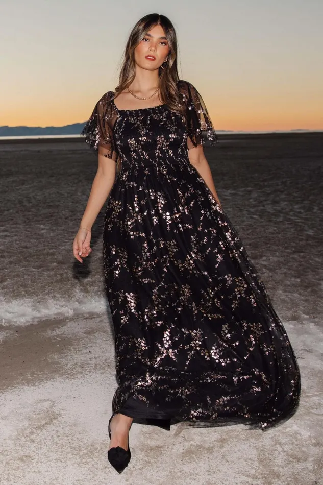 Cassandra Tulle Maxi Dress Metallic Black Women Baltic Born Embellished Sequin