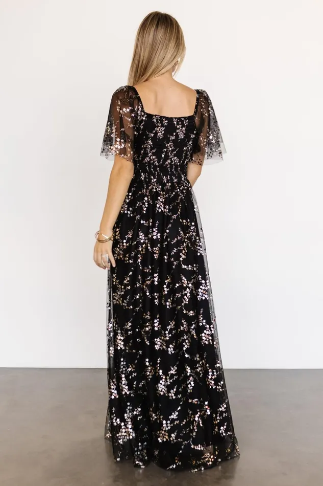 Cassandra Tulle Maxi Dress Metallic Black Women Baltic Born Embellished Sequin