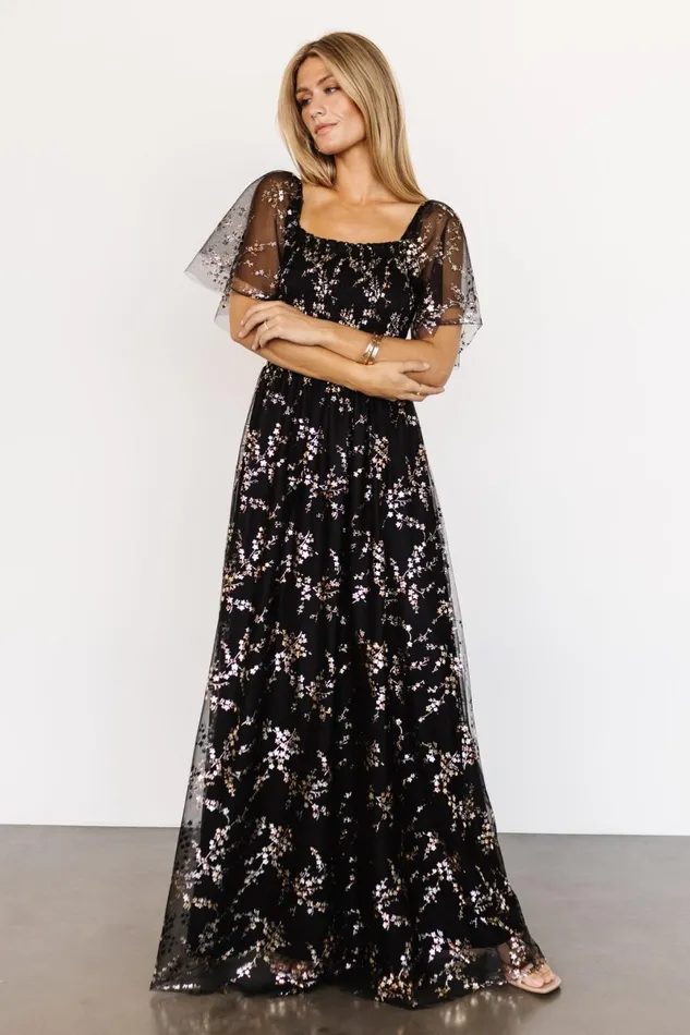 Cassandra Tulle Maxi Dress Metallic Black Women Baltic Born Embellished Sequin