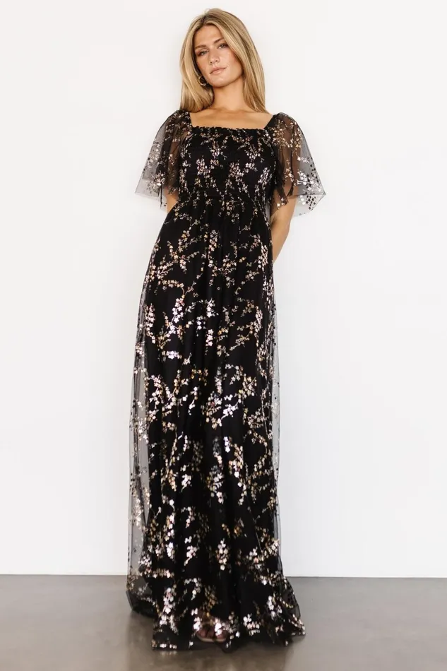 Cassandra Tulle Maxi Dress Metallic Black Women Baltic Born Embellished Sequin