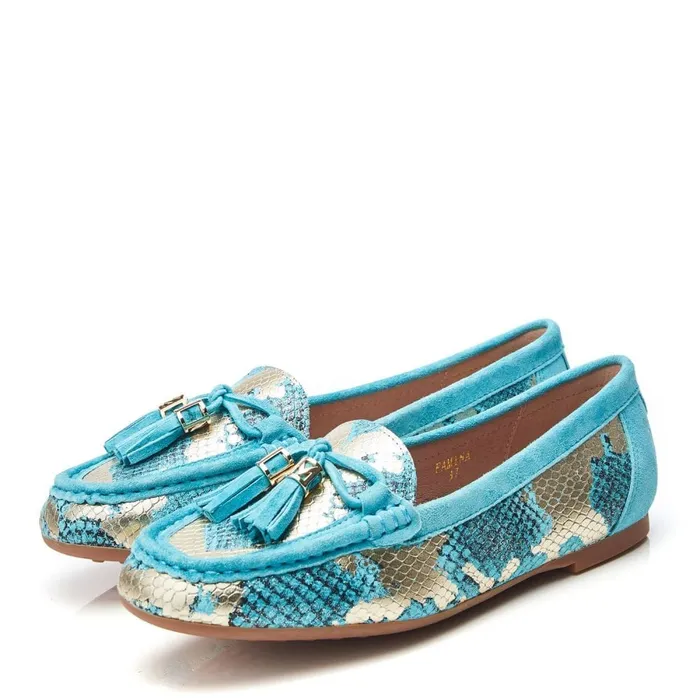 Casual Shoes Women Moda In Pelle Famina Turquoise Snake Print Leather