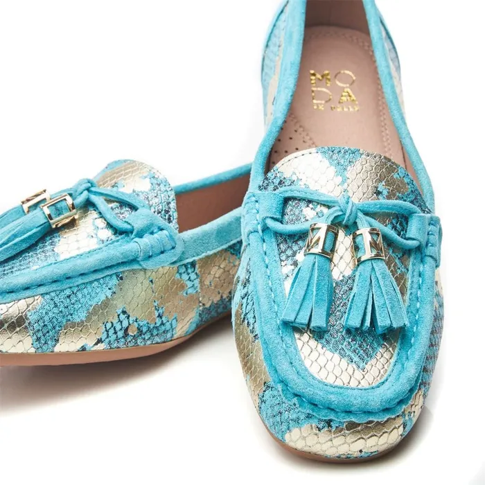 Casual Shoes Women Moda In Pelle Famina Turquoise Snake Print Leather