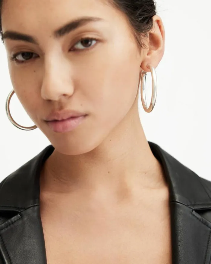 Claudette Large Tubular Hoop Earrings Warm Silver Women AllSaints Jewelry
