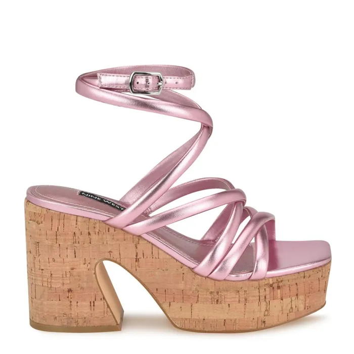 Corke Platform Wedge Strappy Sandals Pink Women Nine West Wedges
