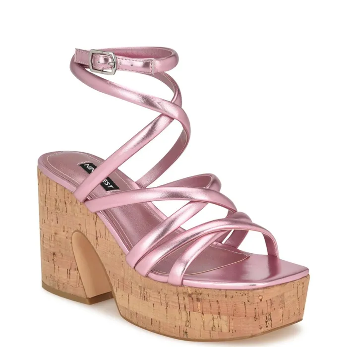 Corke Platform Wedge Strappy Sandals Pink Women Nine West Wedges Corke Platform Wedge Strappy Sandals Pink Women Nine West Wedges