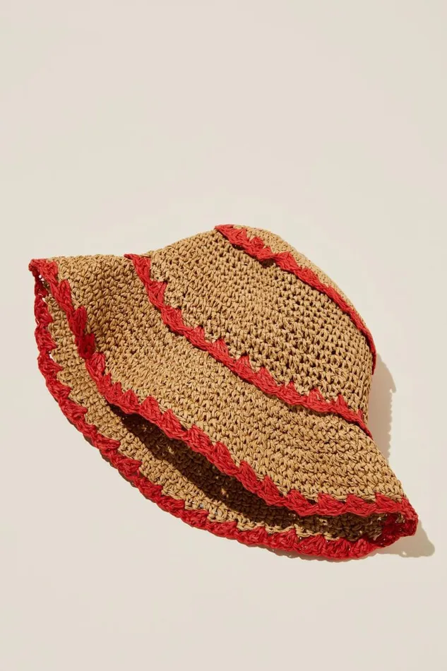 Cotton On ScarvesBeaniesandHats Emme Straw Bucket Hat Red 8211 Women Cotton On ScarvesBeaniesandHats Emme Straw Bucket Hat Red 8211 Women