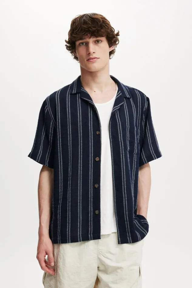 Cotton On Shirts and Polos Palma Short Sleeve Shirt Dark Blue Easy Stripe 8211 Men