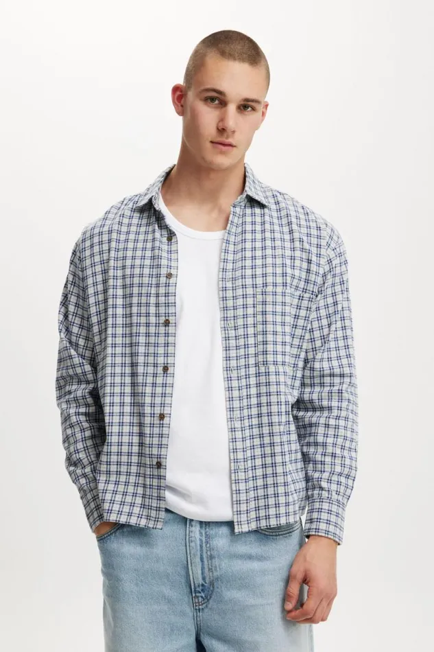 Cotton On Shirts and Polos Tribeca Long Sleeve Shirt Navy Mini Check 8211 Men