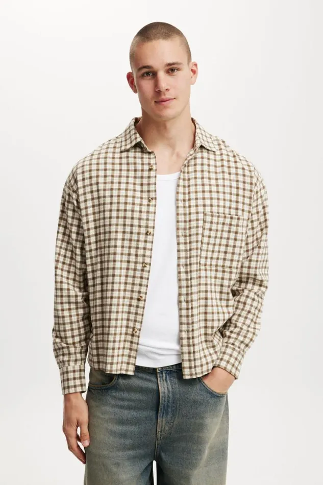 Cotton On Shirts and Polos Tribeca Long Sleeve Shirt Stone Mini Check 8211 Men