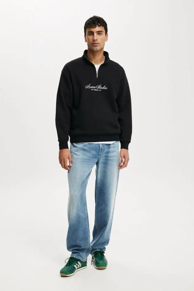 Cotton On Sweats and Hoodies Graphic 14 Zip Fleece Black Avenue Script 8211 Men Cotton On Sweats and Hoodies Graphic 14 Zip Fleece Black Avenue Script 8211 Men