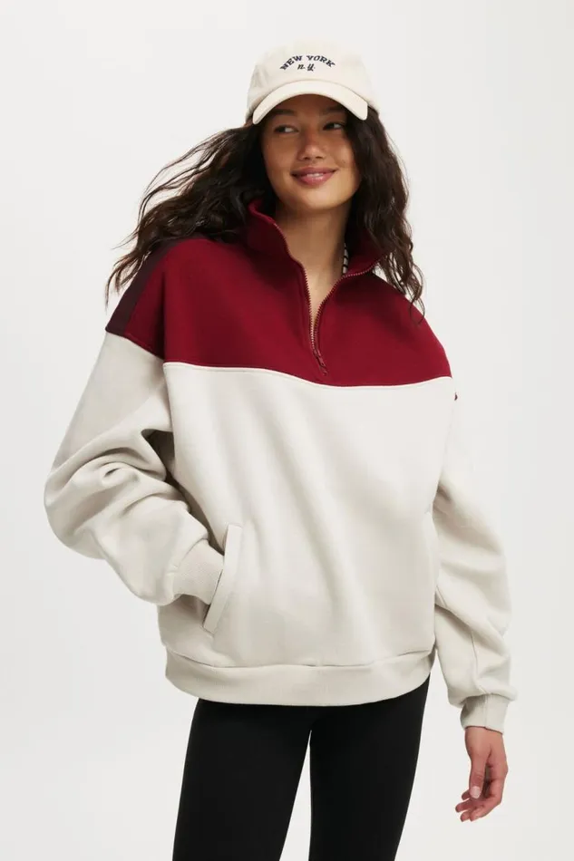 Cotton On SweatsandHoodies Panelled Quarter Zip Sweat Sangria Light Stone 8211 Women