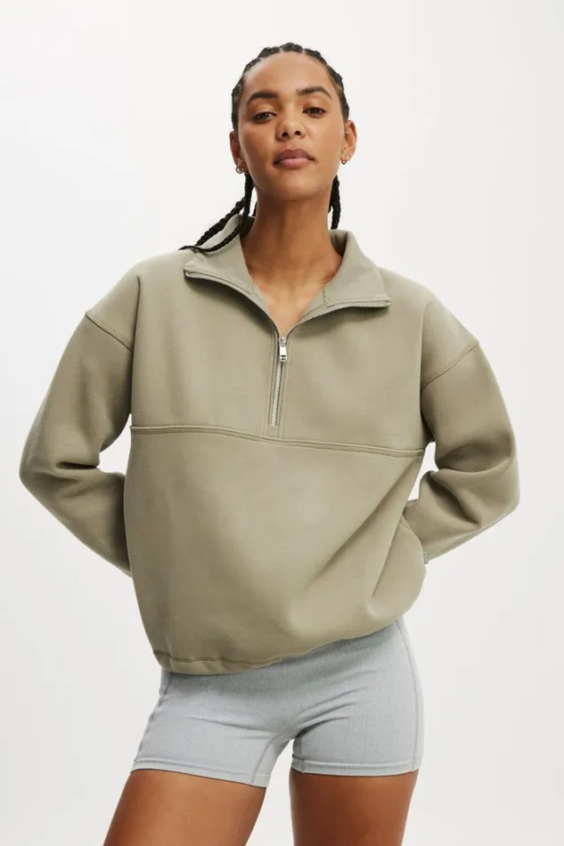Cotton On SweatsandHoodies Plush Essential Half Zip Jumper Dusty Khaki 8211 Women