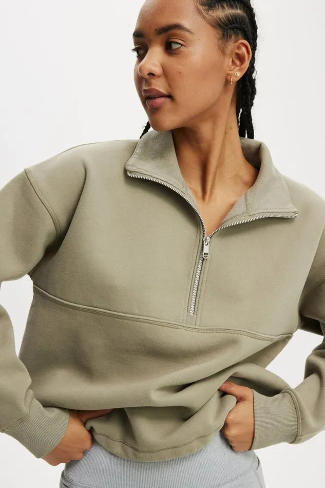 Cotton On SweatsandHoodies Plush Essential Half Zip Jumper Dusty Khaki 8211 Women Cotton On SweatsandHoodies Plush Essential Half Zip Jumper Dusty Khaki 8211 Women