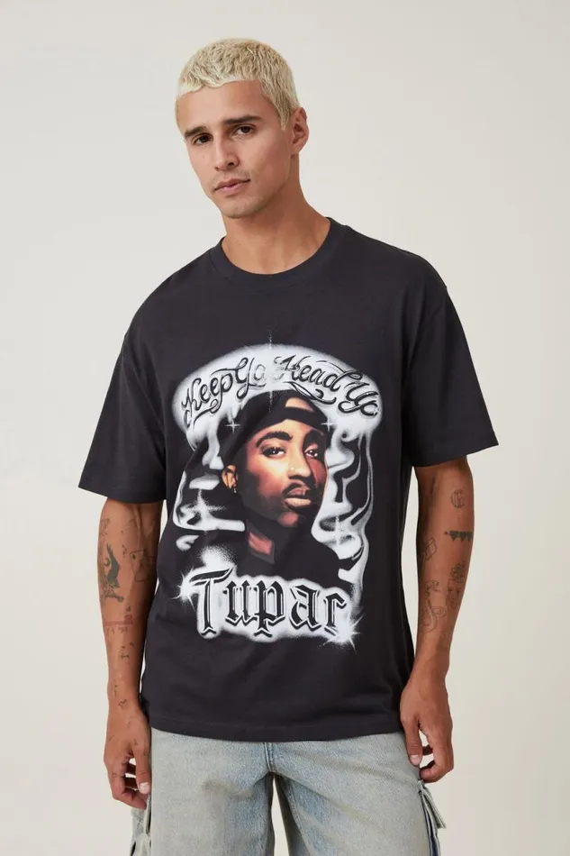 Cotton On Tees and Tanks Loose Fit Music TShirt Lcn Bra Washed Blacktupac 8211 Airbrush 8211 Men