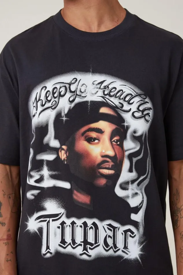 Cotton On Tees and Tanks Loose Fit Music TShirt Lcn Bra Washed Blacktupac 8211 Airbrush 8211 Men Cotton On Tees and Tanks Loose Fit Music TShirt Lcn Bra Washed Blacktupac 8211 Airbrush 8211 Men