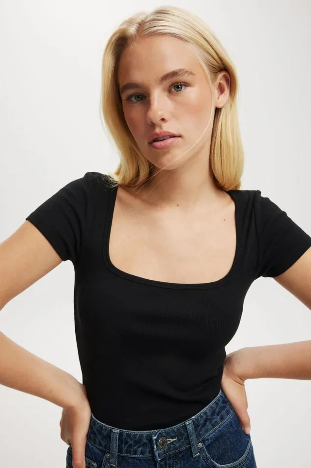 Cotton On Tops Byron Square Neck Short Sleeve Black 8211 Women