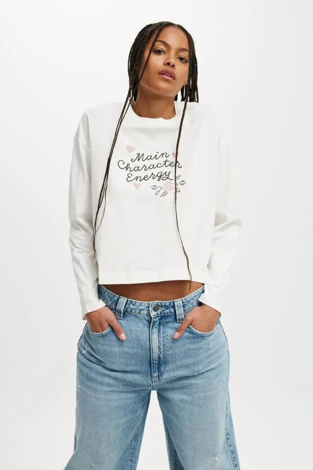 Cotton On Tops Classic Long Sleeve Graphic Tee Main Character Energy Vintage White 8211 Women