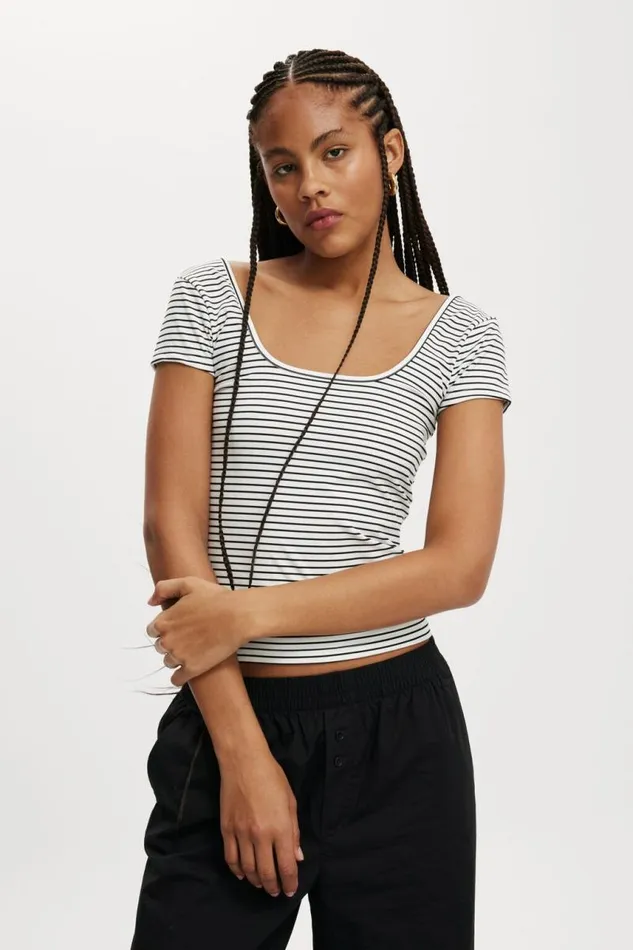 Cotton On Tops Emily Double Scoop Short Sleeve Crisp Stripe Natural Whiteblack 8211 Women Cotton On Tops Emily Double Scoop Short Sleeve Crisp Stripe Natural Whiteblack 8211 Women