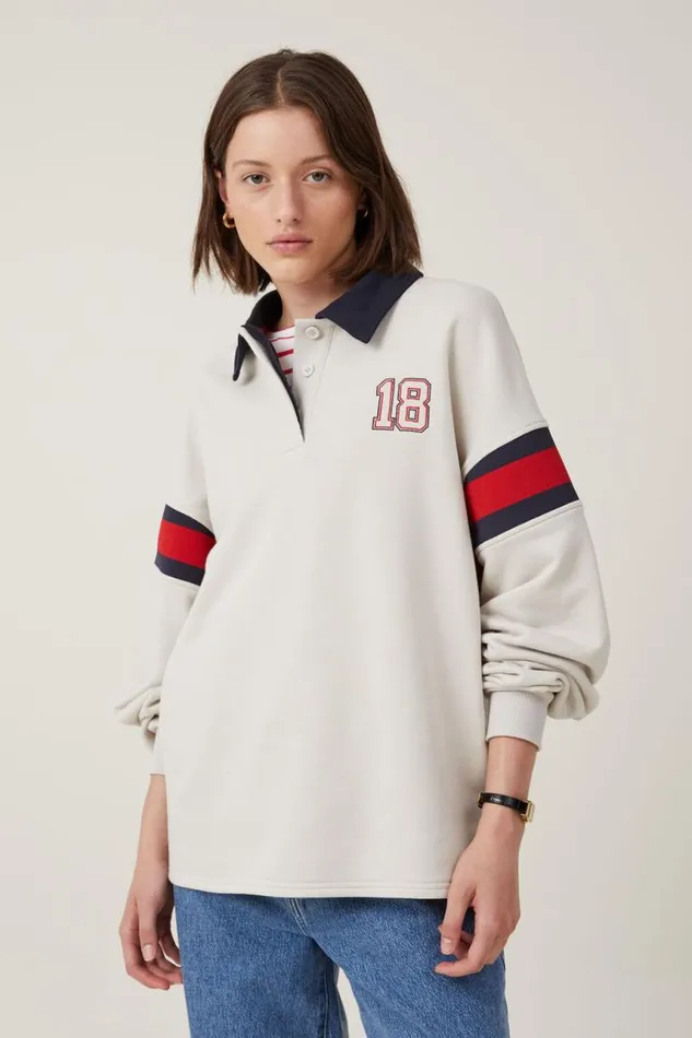 Cotton On Tops Graphic Oversized Long Sleeve Polo Monaco Light Stone Crimson 8211 Women