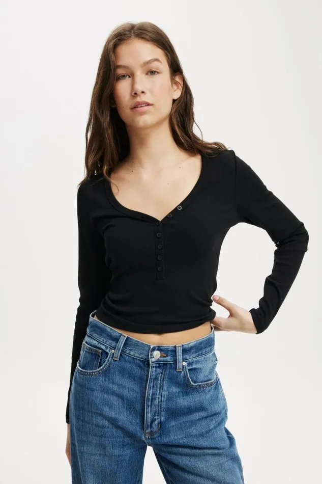 Cotton On Tops Kelsey V Front Henley Long Sleeve Black 8211 Women
