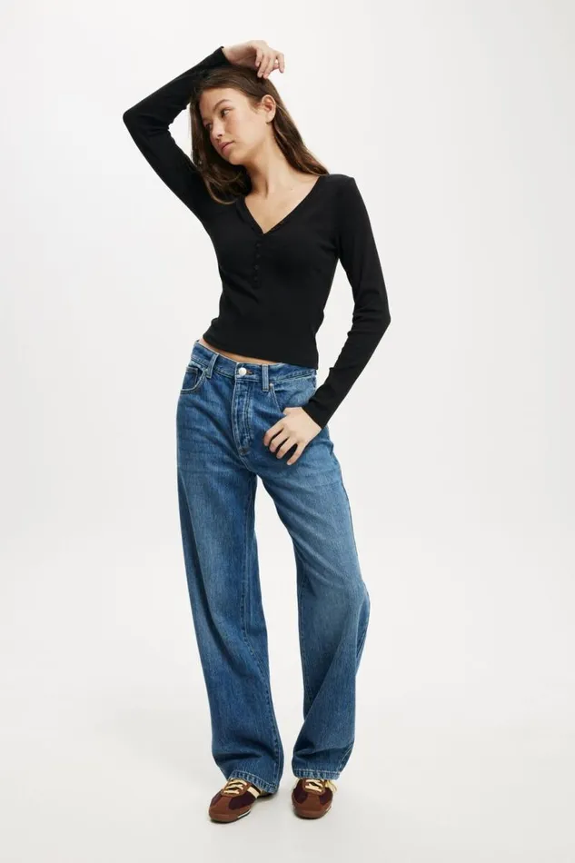 Cotton On Tops Kelsey V Front Henley Long Sleeve Black 8211 Women