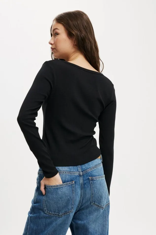 Cotton On Tops Kelsey V Front Henley Long Sleeve Black 8211 Women