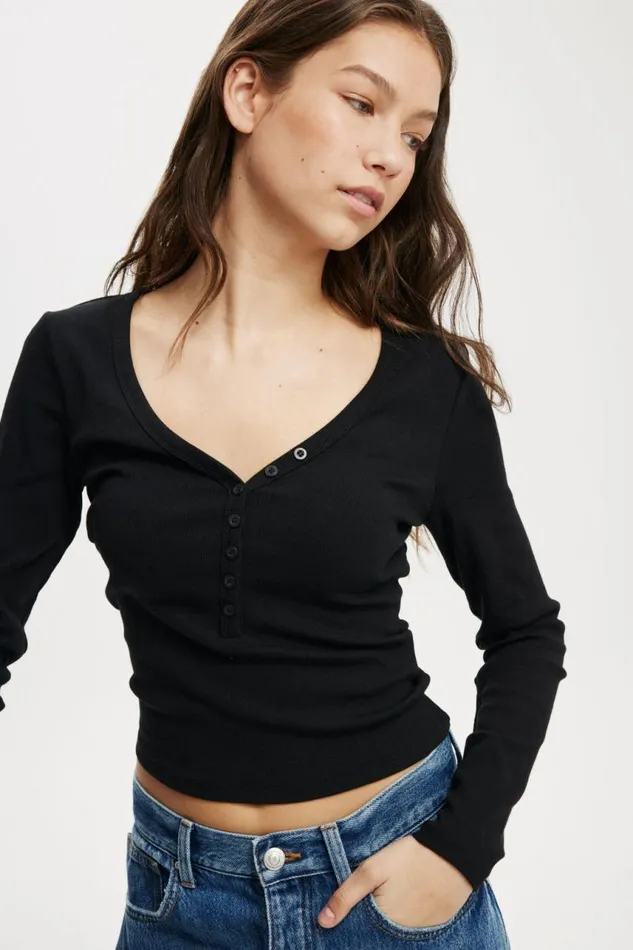Cotton On Tops Kelsey V Front Henley Long Sleeve Black 8211 Women