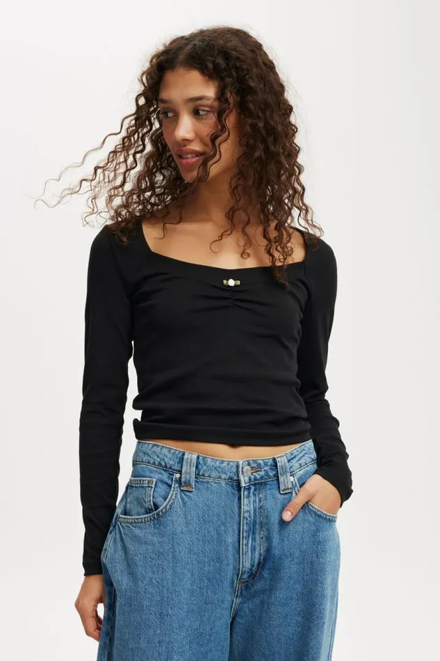 Cotton On Tops Sarah Rosette Square Neck Long Sleeve Black 8211 Women