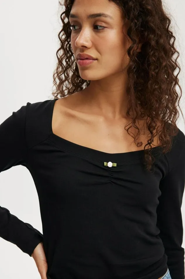 Cotton On Tops Sarah Rosette Square Neck Long Sleeve Black 8211 Women