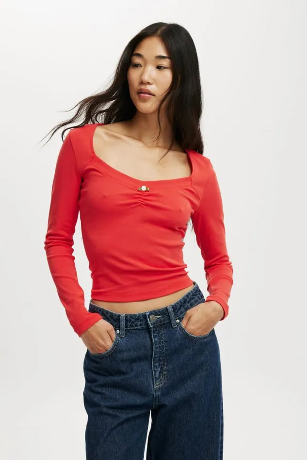 Cotton On Tops Sarah Rosette Square Neck Long Sleeve Vermillion 8211 Women