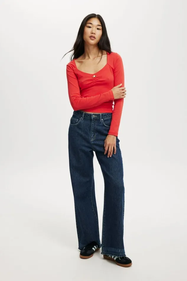 Cotton On Tops Sarah Rosette Square Neck Long Sleeve Vermillion 8211 Women