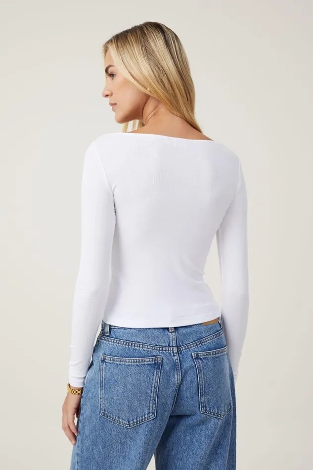 Cotton On Tops Staple Rib Boat Neck Long Sleeve Top White 8211 Women