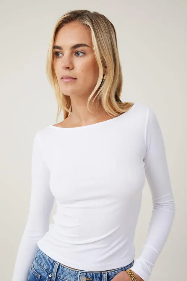 Cotton On Tops Staple Rib Boat Neck Long Sleeve Top White 8211 Women