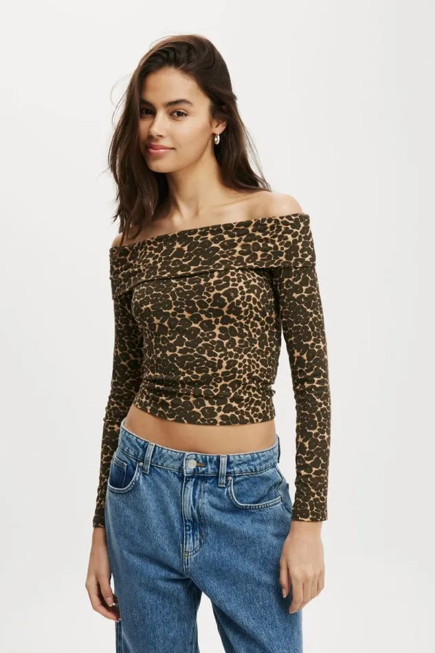 Cotton On Tops Staple Rib Off Shoulder Long Sleeve Top Kate Leopard 8211 Women