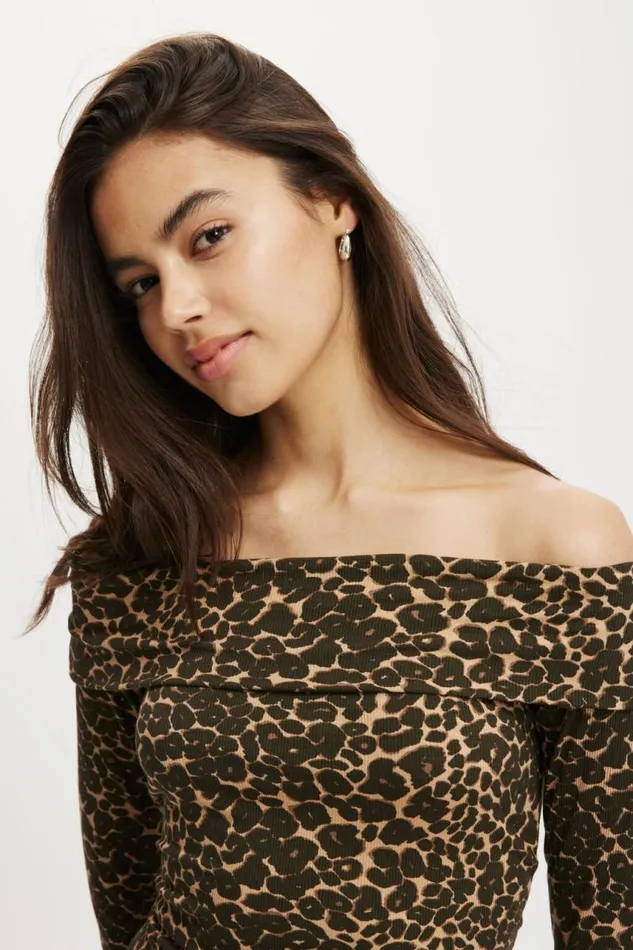 Cotton On Tops Staple Rib Off Shoulder Long Sleeve Top Kate Leopard 8211 Women Cotton On Tops Staple Rib Off Shoulder Long Sleeve Top Kate Leopard 8211 Women