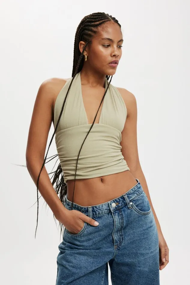 Cotton On Tops Staple Rib Rouched Halter Top Desert Sage 8211 Women